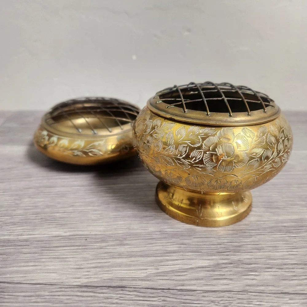 Vintage Etched Brass Rose Bowl Set with Engraved Flowers Frog Mesh Insense Bowl